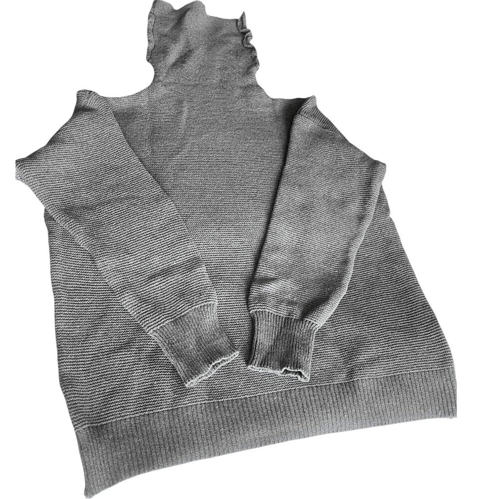 High Collar Ribbed Cuffs Gray Relaxed Knit Sweater 65% Cotton / 35% Polyester L - Picture 3 of 6
